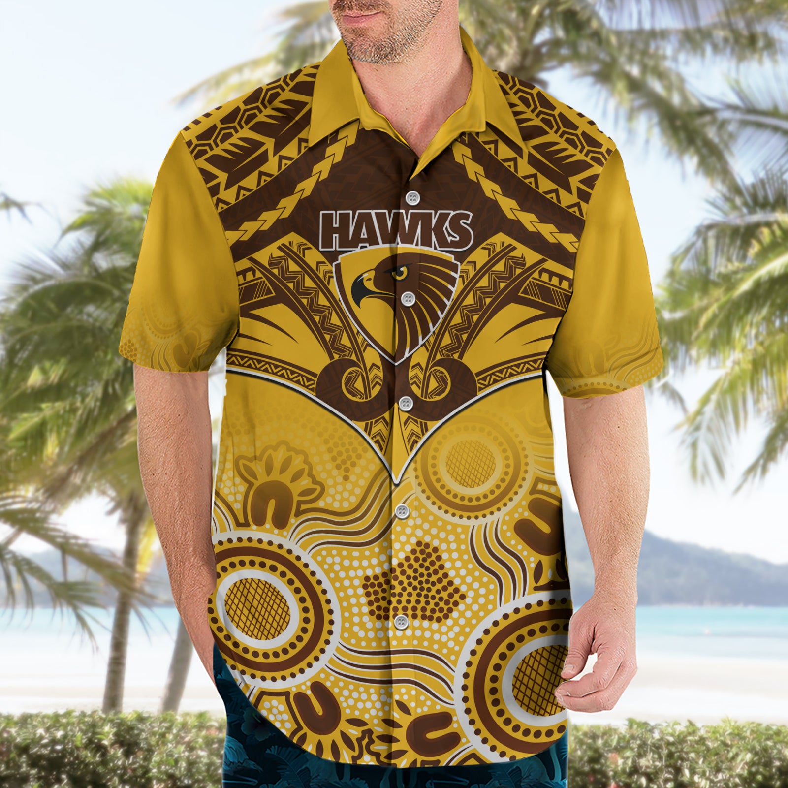 Hawthorn Football Hawaiian Shirt Hawks Aboriginal Mix Polynesian Pattern - Vibe Hoodie Shop