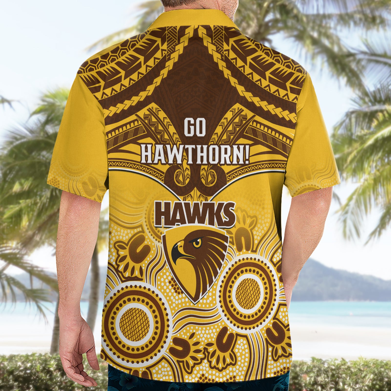 Hawthorn Football Hawaiian Shirt Hawks Aboriginal Mix Polynesian Pattern - Vibe Hoodie Shop