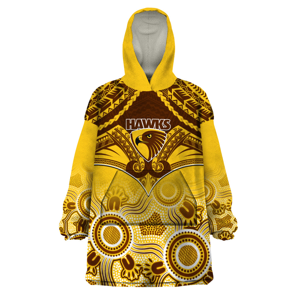 Hawthorn Football Wearable Blanket Hoodie Hawks Aboriginal Mix Polynesian Pattern - Vibe Hoodie Shop