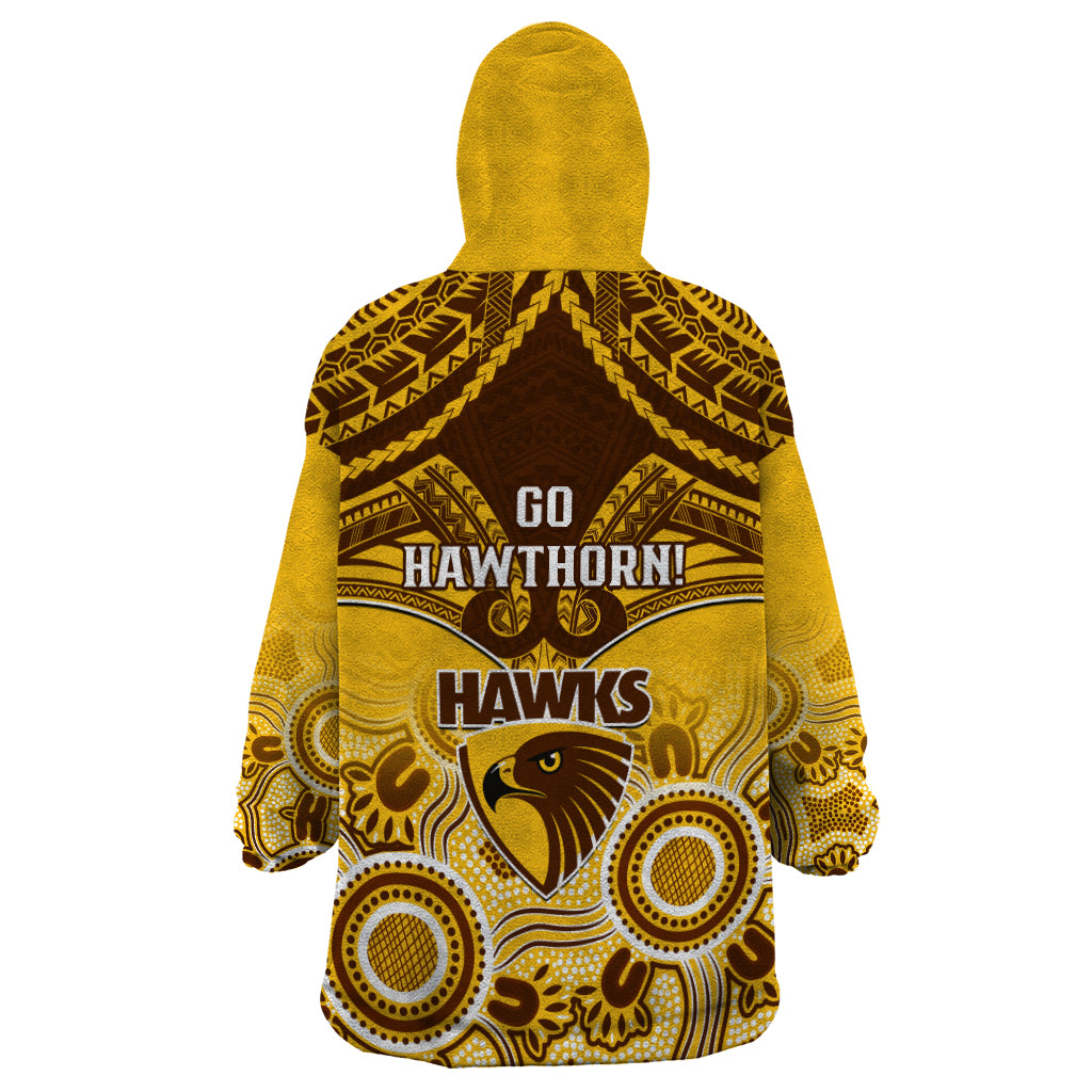 Hawthorn Football Wearable Blanket Hoodie Hawks Aboriginal Mix Polynesian Pattern - Vibe Hoodie Shop