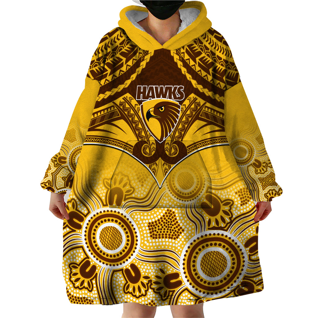 Hawthorn Football Wearable Blanket Hoodie Hawks Aboriginal Mix Polynesian Pattern - Vibe Hoodie Shop