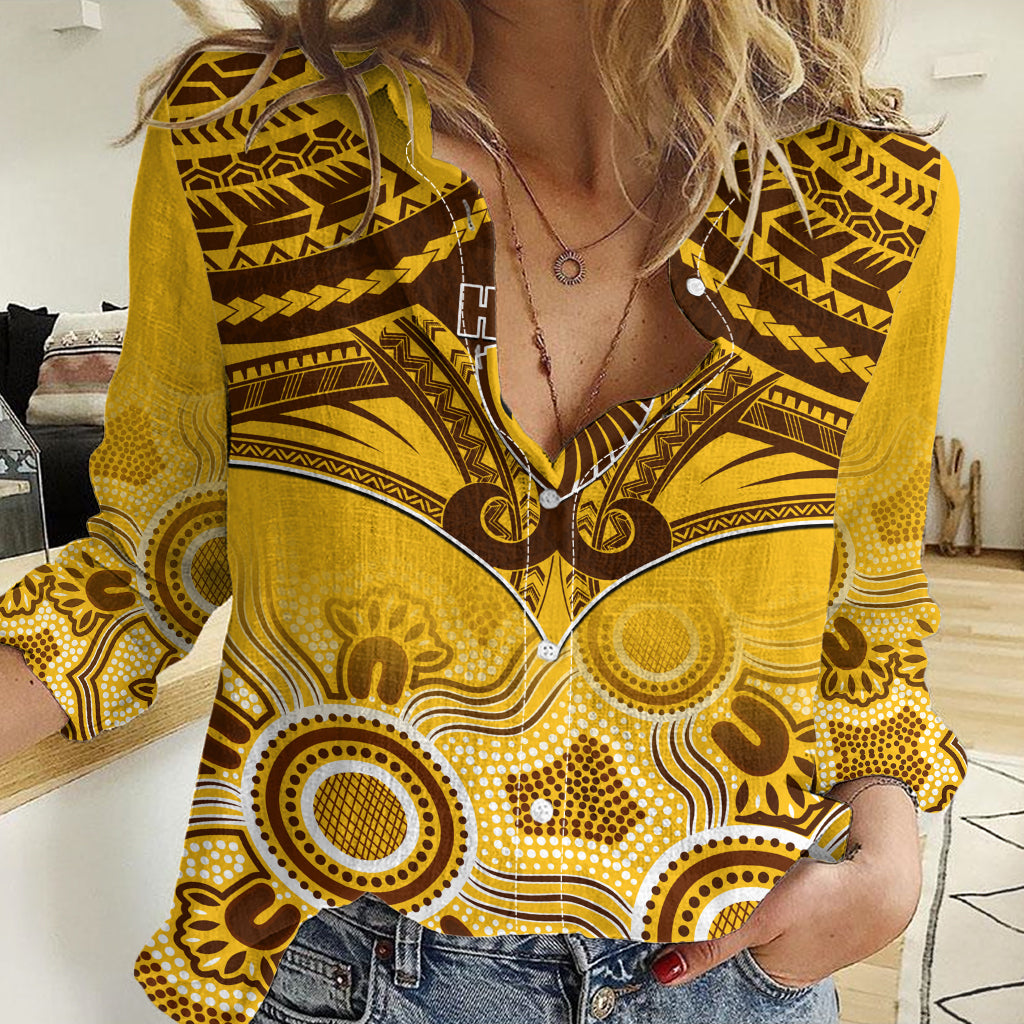 Hawthorn Football Women Casual Shirt Hawks Aboriginal Mix Polynesian Pattern - Vibe Hoodie Shop