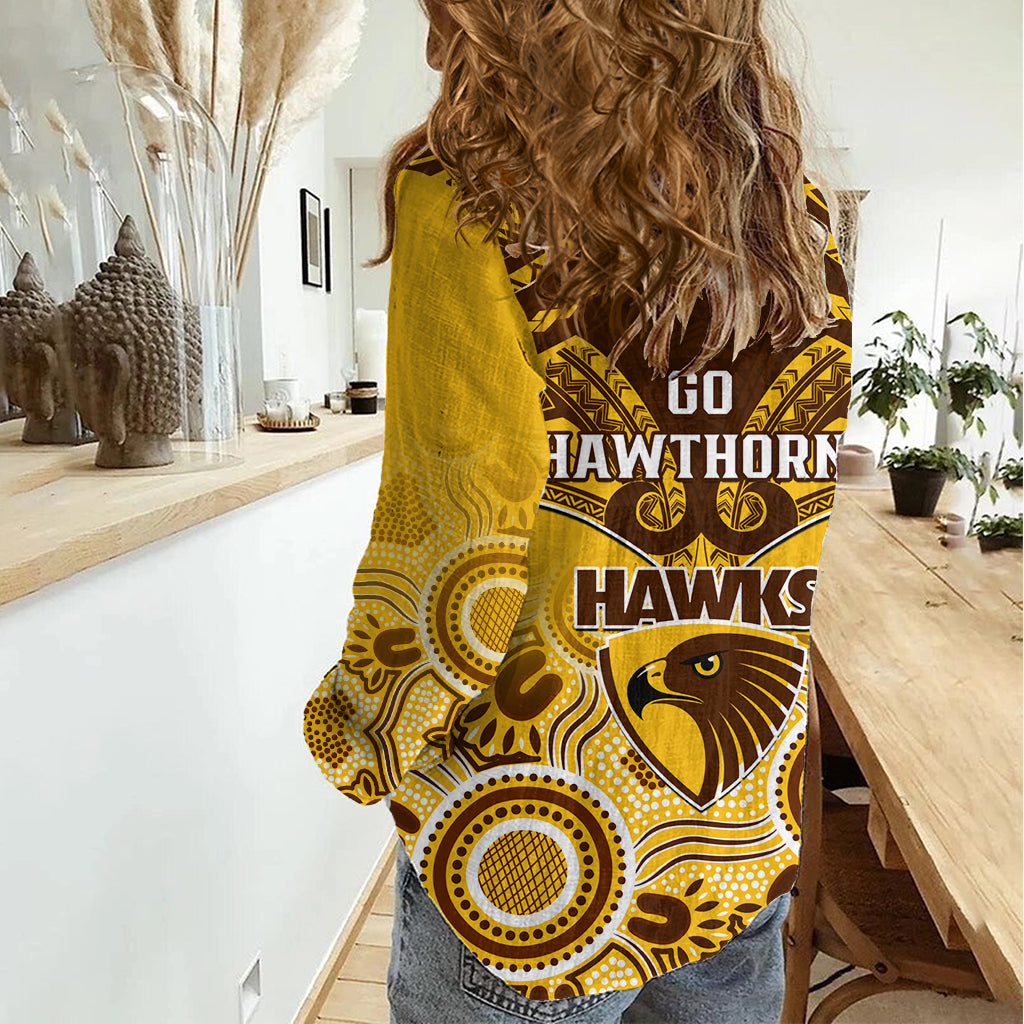 Hawthorn Football Women Casual Shirt Hawks Aboriginal Mix Polynesian Pattern - Vibe Hoodie Shop