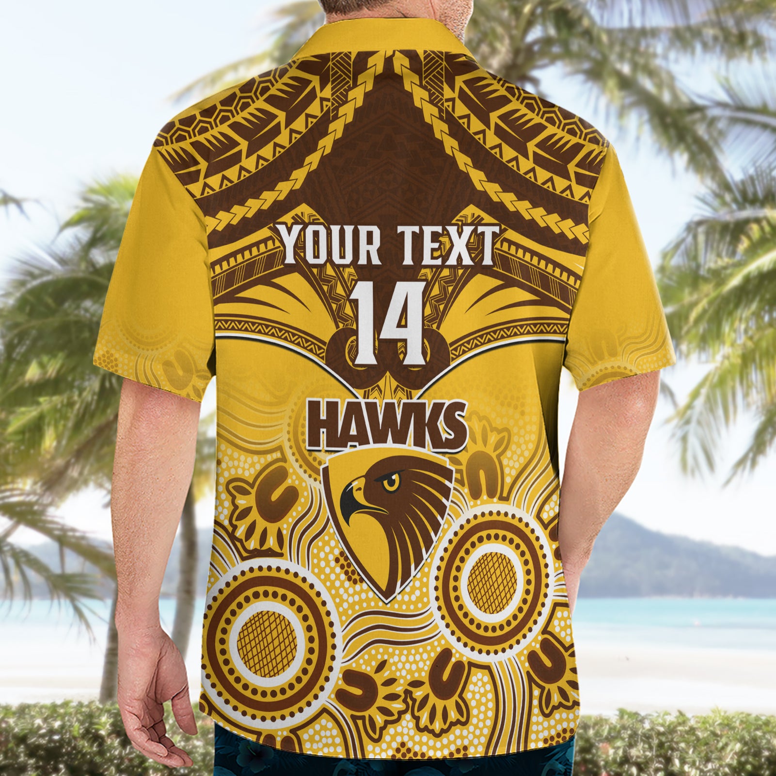 Personalised Hawthorn Football Hawaiian Shirt Hawks Aboriginal Mix Polynesian Pattern - Vibe Hoodie Shop