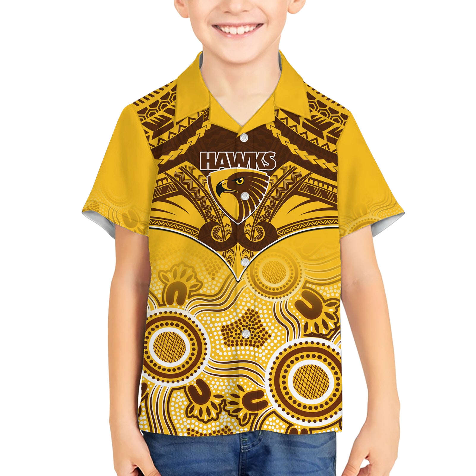 Personalised Hawthorn Football Hawaiian Shirt Hawks Aboriginal Mix Polynesian Pattern - Vibe Hoodie Shop