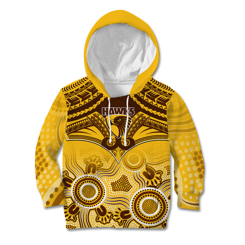 Personalised Hawthorn Football Kid Hoodie Hawks Aboriginal Mix Polynesian Pattern - Vibe Hoodie Shop