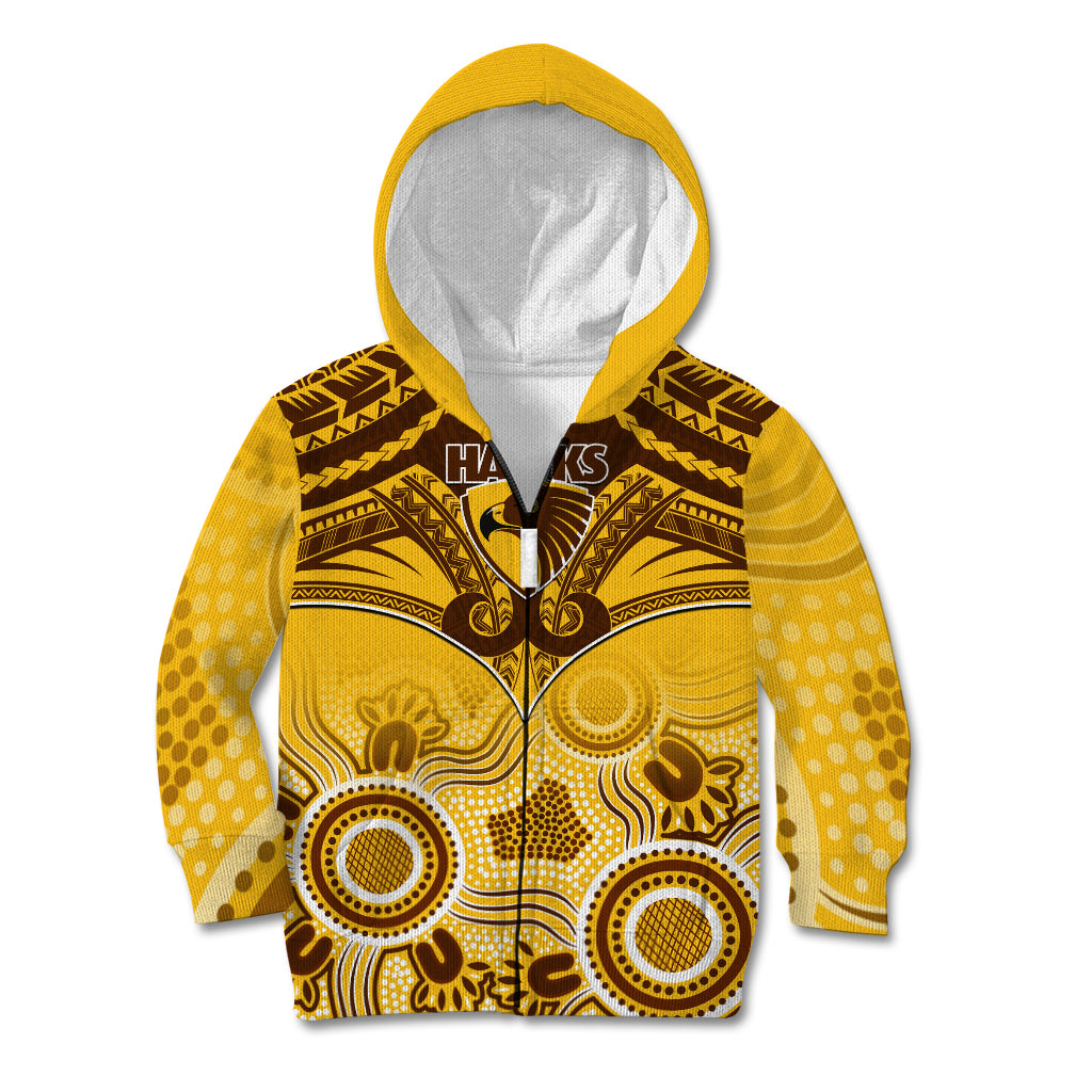 Personalised Hawthorn Football Kid Hoodie Hawks Aboriginal Mix Polynesian Pattern - Vibe Hoodie Shop