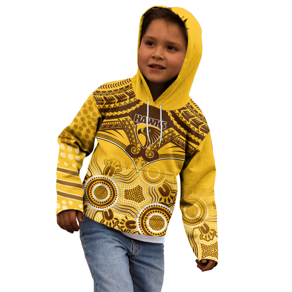 Personalised Hawthorn Football Kid Hoodie Hawks Aboriginal Mix Polynesian Pattern - Vibe Hoodie Shop