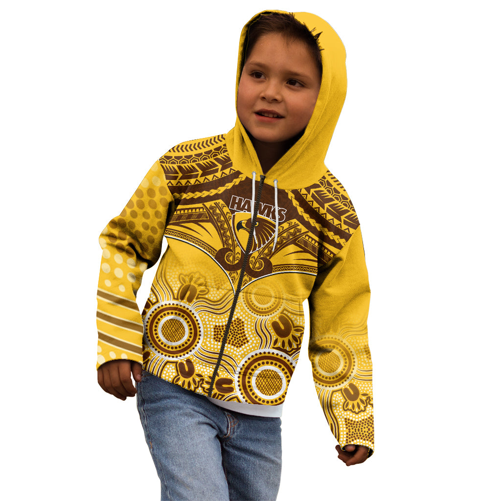 Personalised Hawthorn Football Kid Hoodie Hawks Aboriginal Mix Polynesian Pattern - Vibe Hoodie Shop