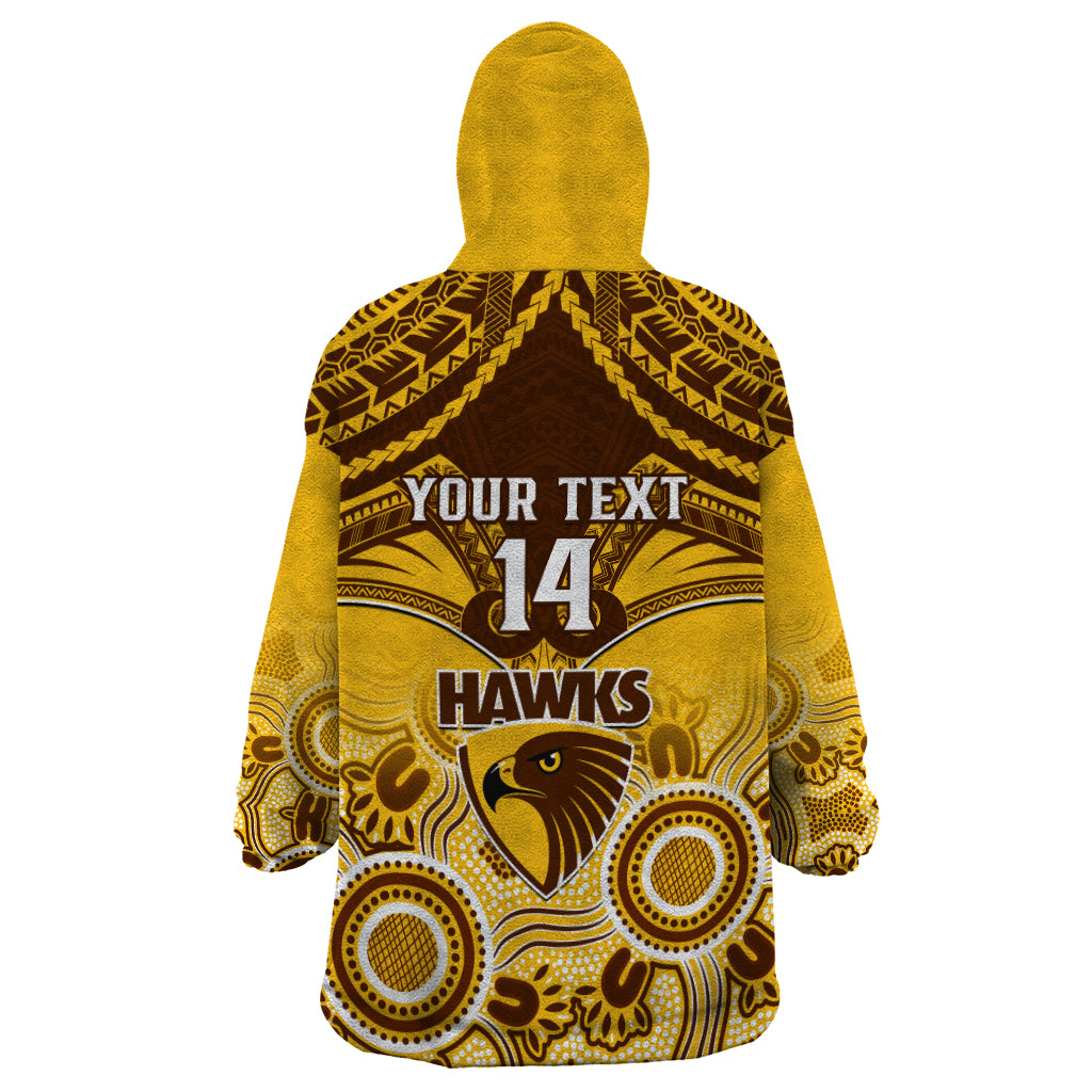 Personalised Hawthorn Football Wearable Blanket Hoodie Hawks Aboriginal Mix Polynesian Pattern - Vibe Hoodie Shop