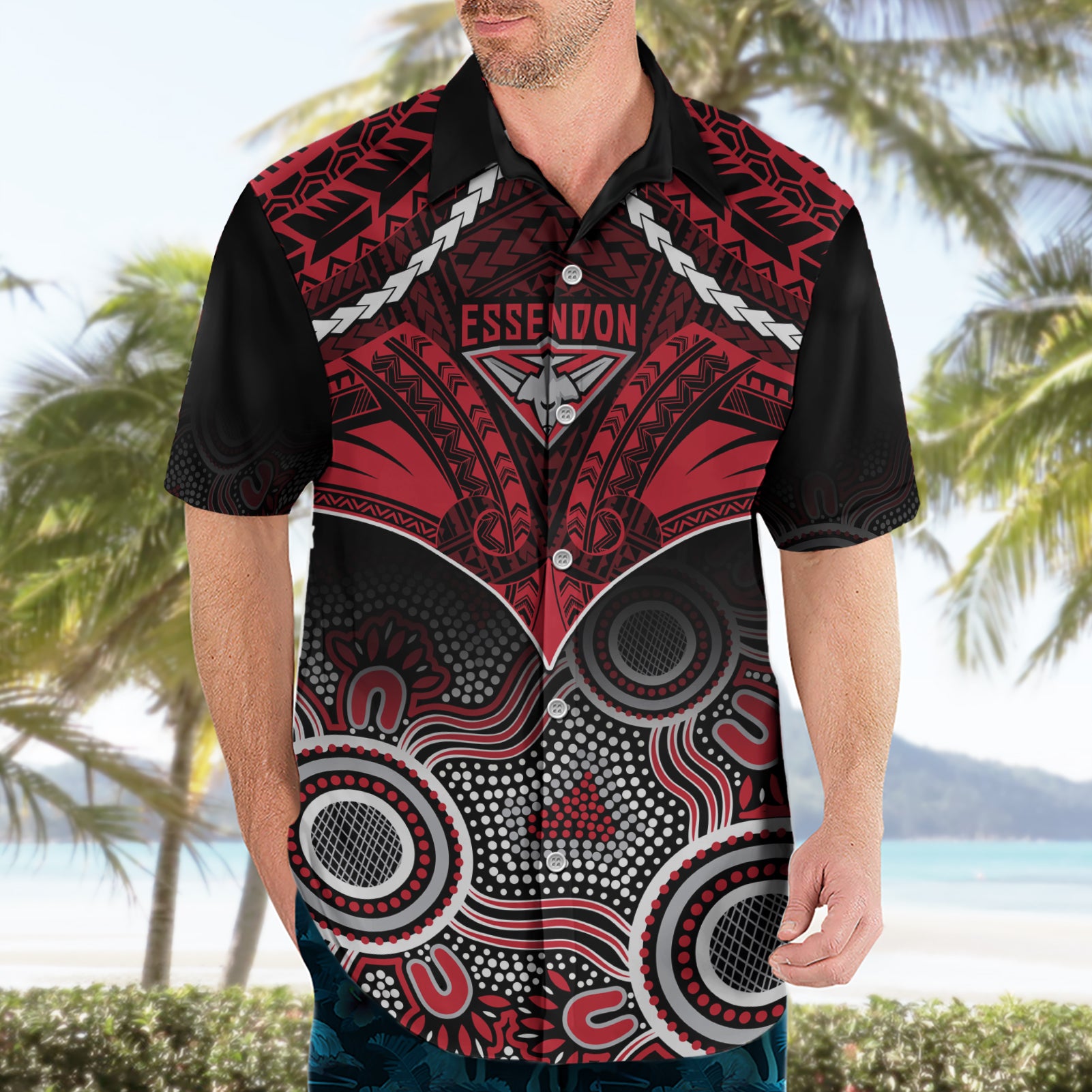 Essendon Football Hawaiian Shirt Bombers Aboriginal Mix Polynesian Pattern - Vibe Hoodie Shop