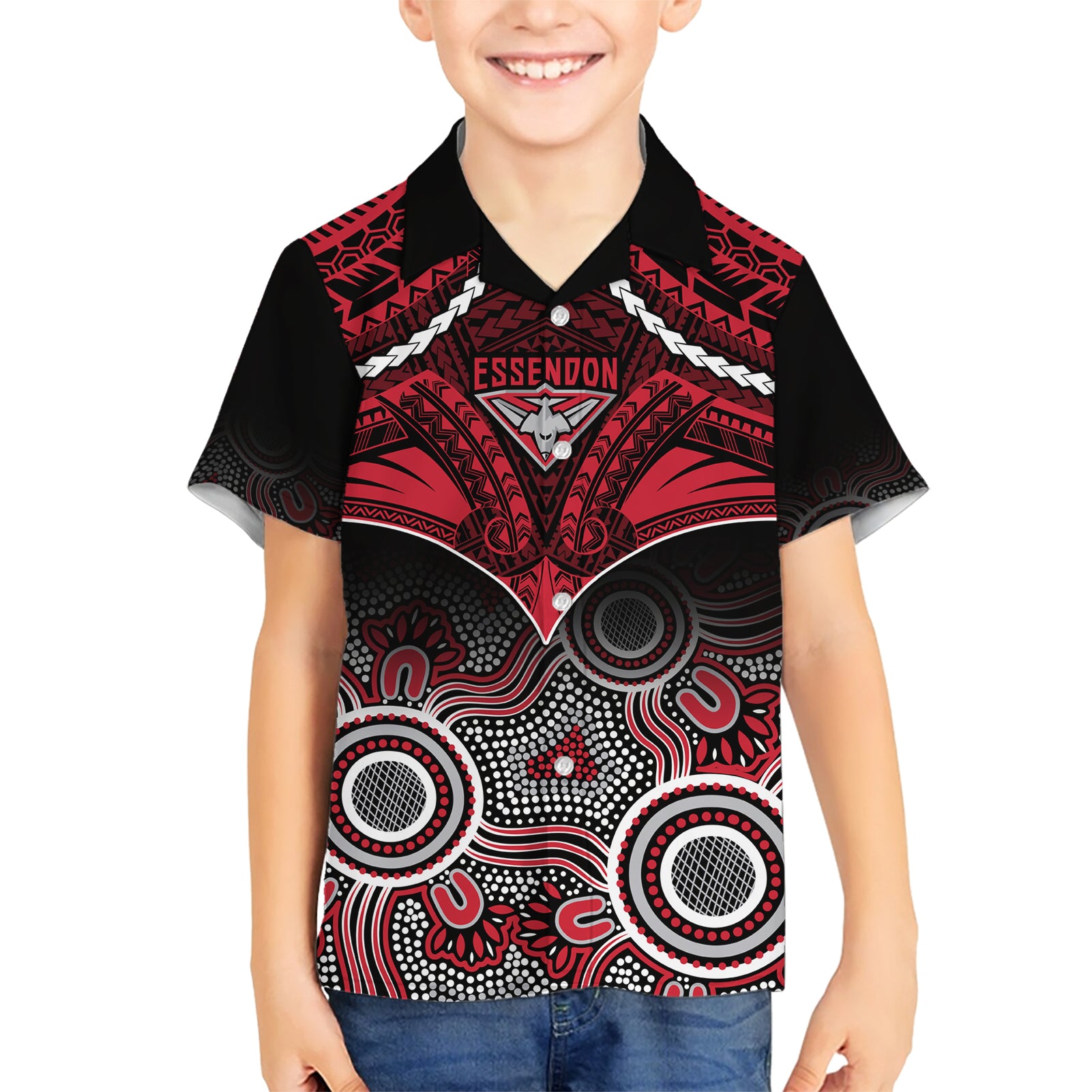 Essendon Football Hawaiian Shirt Bombers Aboriginal Mix Polynesian Pattern - Vibe Hoodie Shop