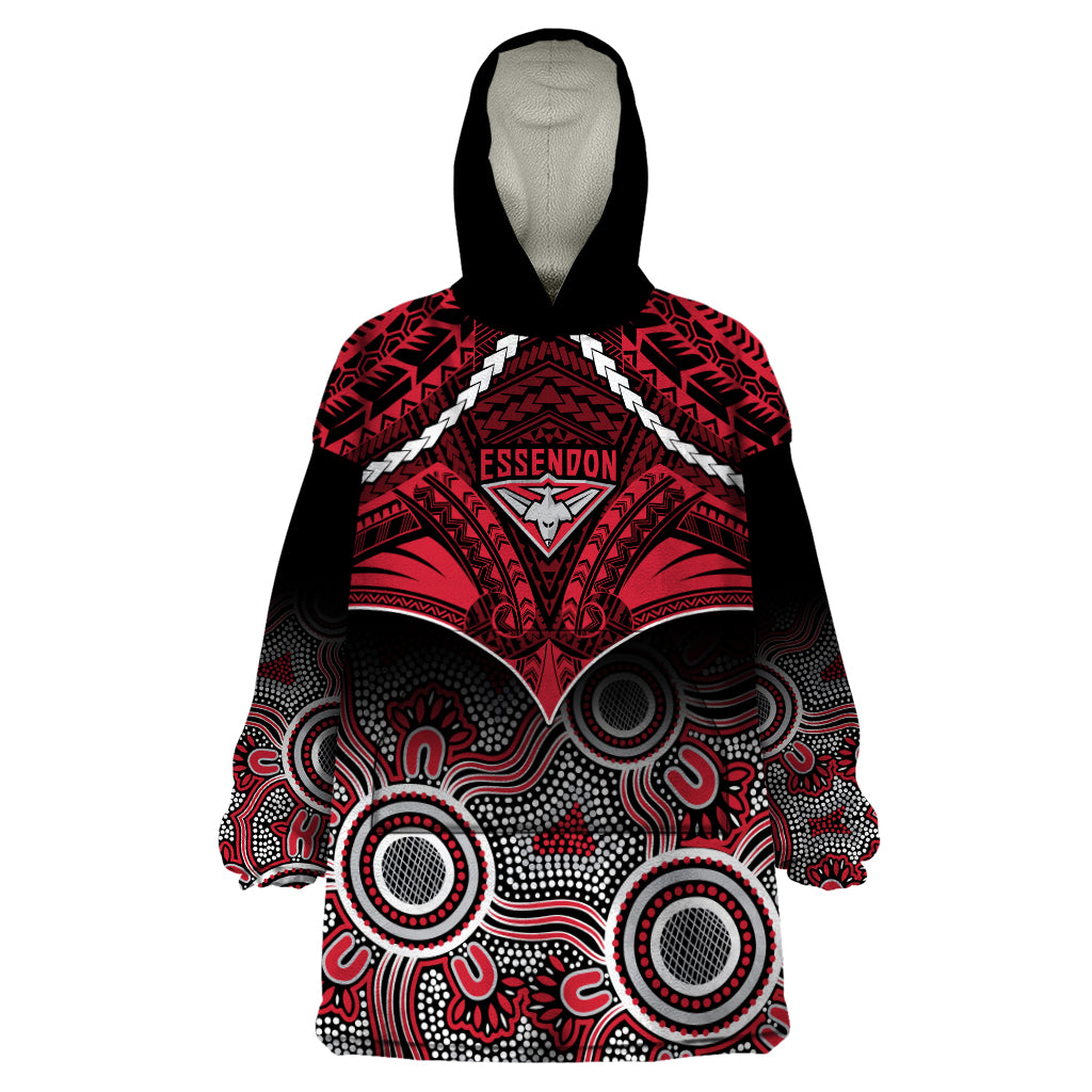 Essendon Football Wearable Blanket Hoodie Bombers Aboriginal Mix Polynesian Pattern - Vibe Hoodie Shop