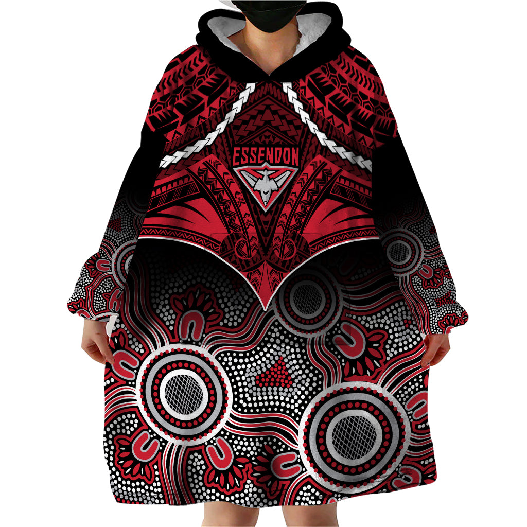 Essendon Football Wearable Blanket Hoodie Bombers Aboriginal Mix Polynesian Pattern - Vibe Hoodie Shop