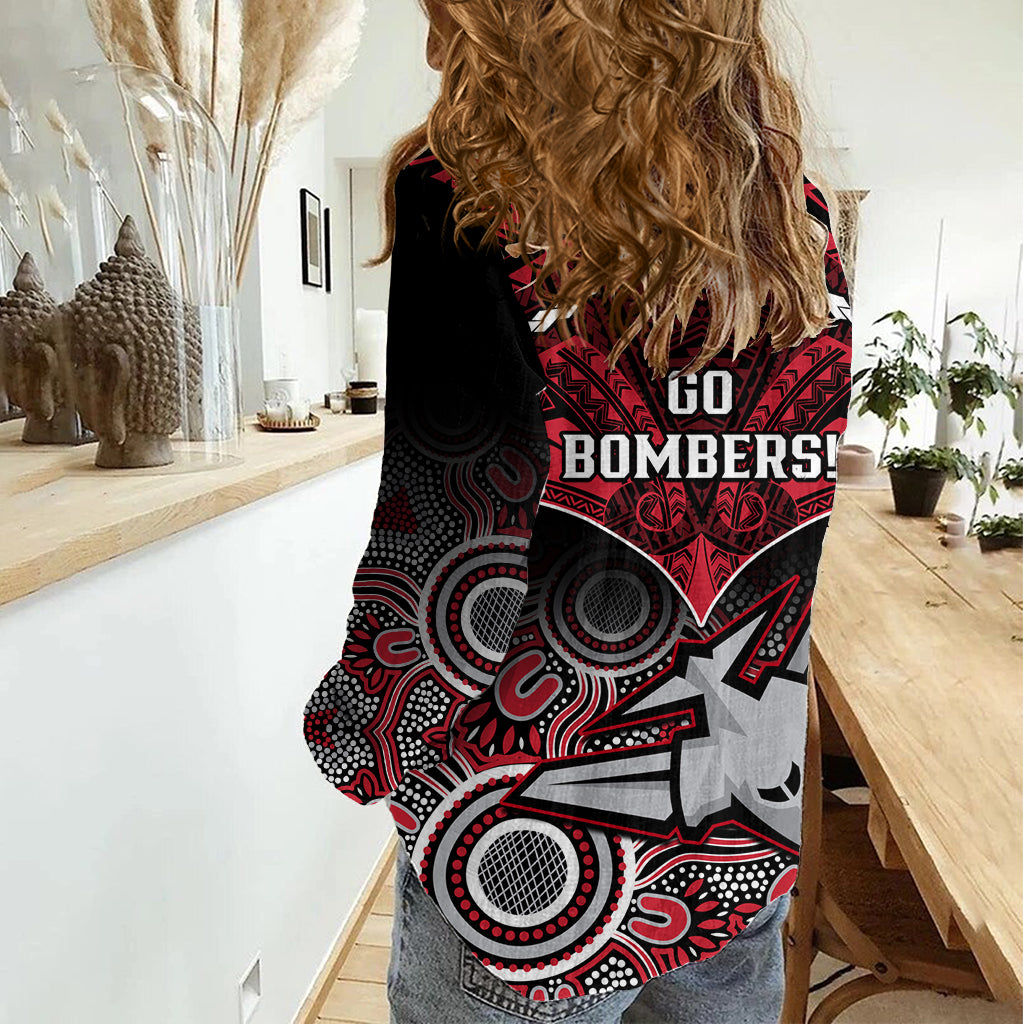 Essendon Football Women Casual Shirt Bombers Aboriginal Mix Polynesian Pattern - Vibe Hoodie Shop
