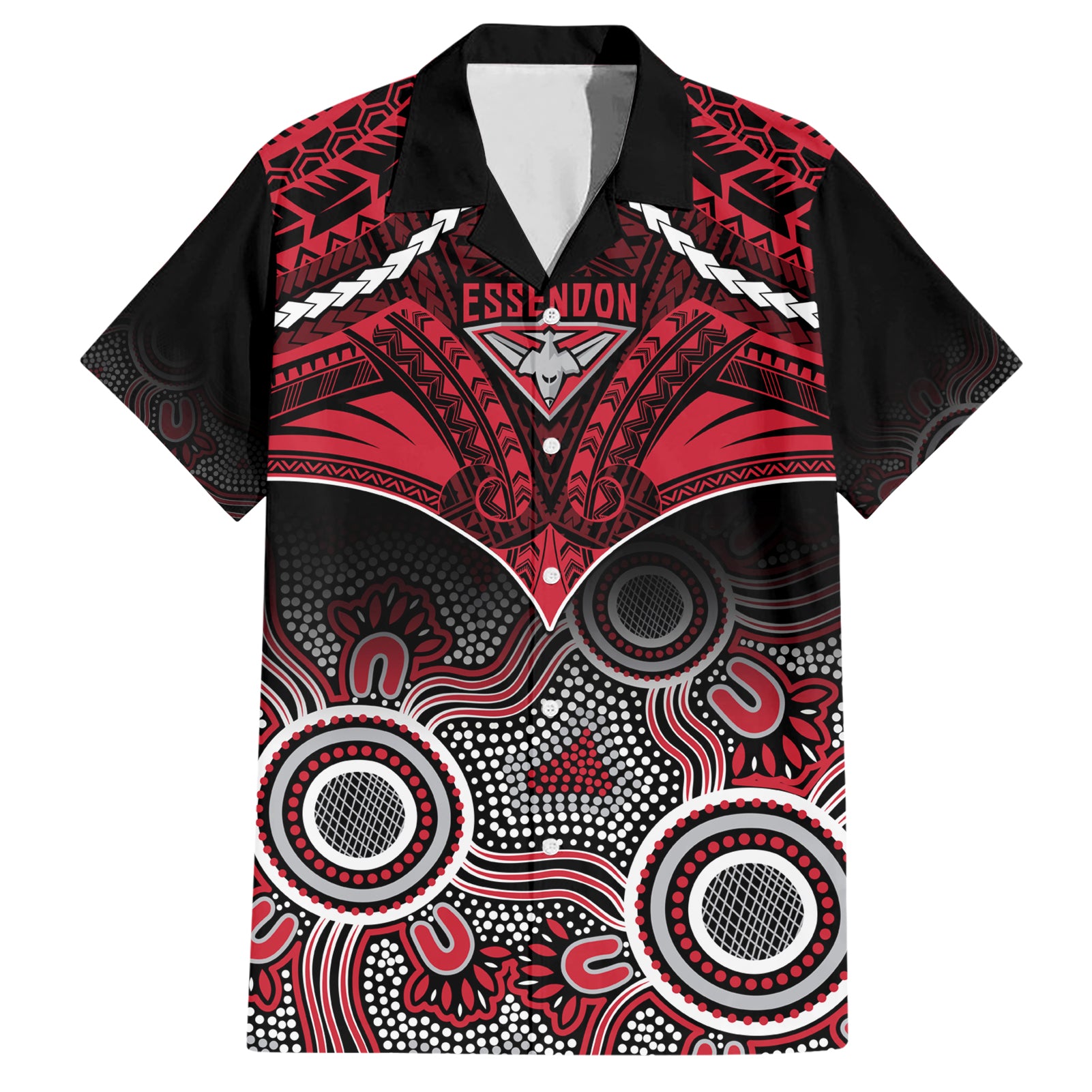 Personalised Essendon Football Hawaiian Shirt Bombers Aboriginal Mix Polynesian Pattern - Vibe Hoodie Shop