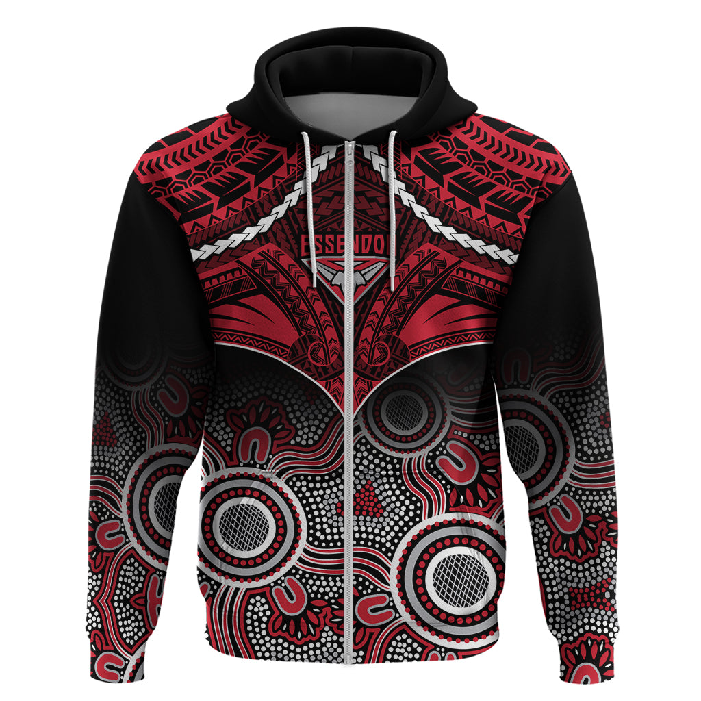 Personalised Essendon Football Hoodie Bombers Aboriginal Mix Polynesian Pattern - Vibe Hoodie Shop