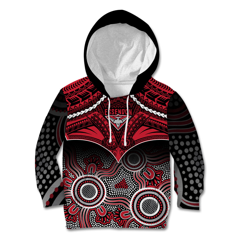 Personalised Essendon Football Kid Hoodie Bombers Aboriginal Mix Polynesian Pattern - Vibe Hoodie Shop