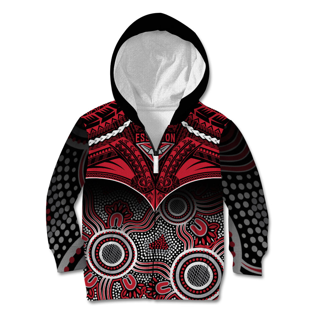 Personalised Essendon Football Kid Hoodie Bombers Aboriginal Mix Polynesian Pattern - Vibe Hoodie Shop