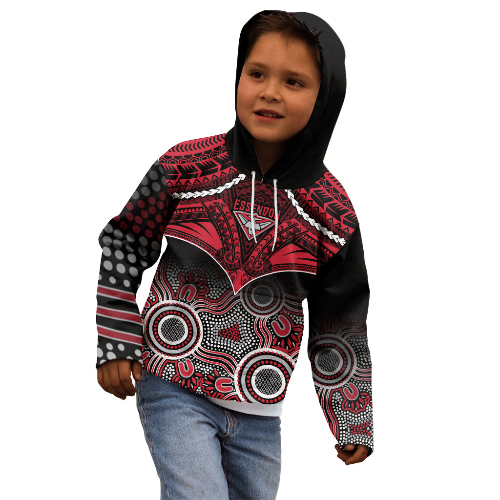 Personalised Essendon Football Kid Hoodie Bombers Aboriginal Mix Polynesian Pattern - Vibe Hoodie Shop