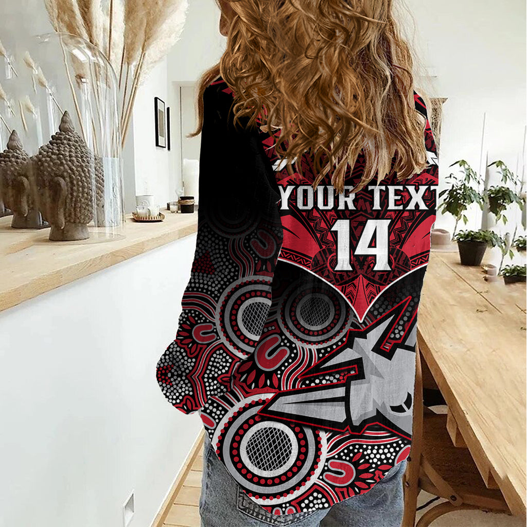 Personalised Essendon Football Women Casual Shirt Bombers Aboriginal Mix Polynesian Pattern - Vibe Hoodie Shop