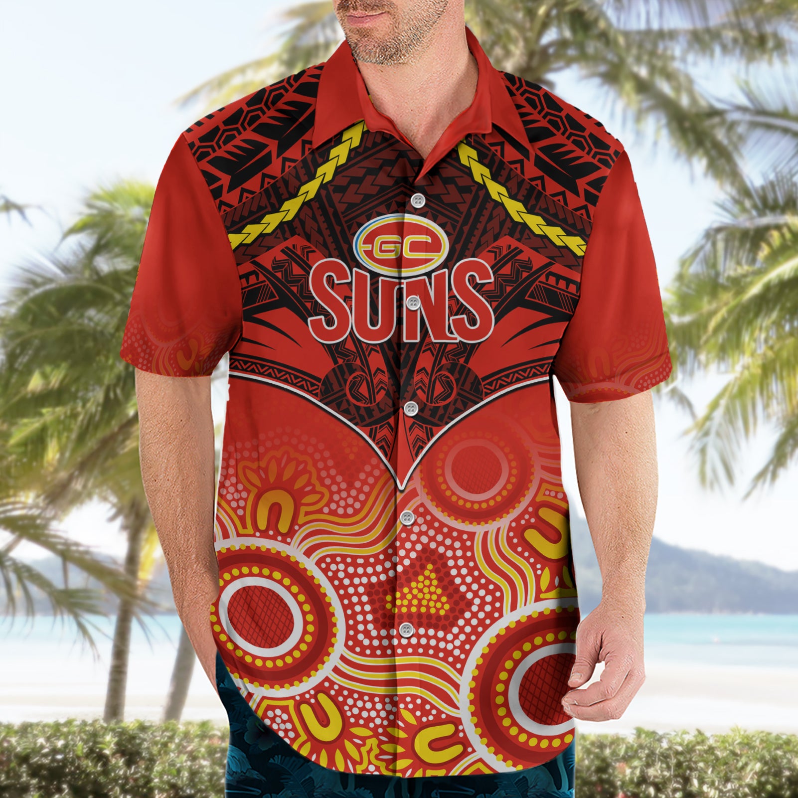 Gold Coast Football Hawaiian Shirt Suns Aboriginal Mix Polynesian Pattern - Vibe Hoodie Shop