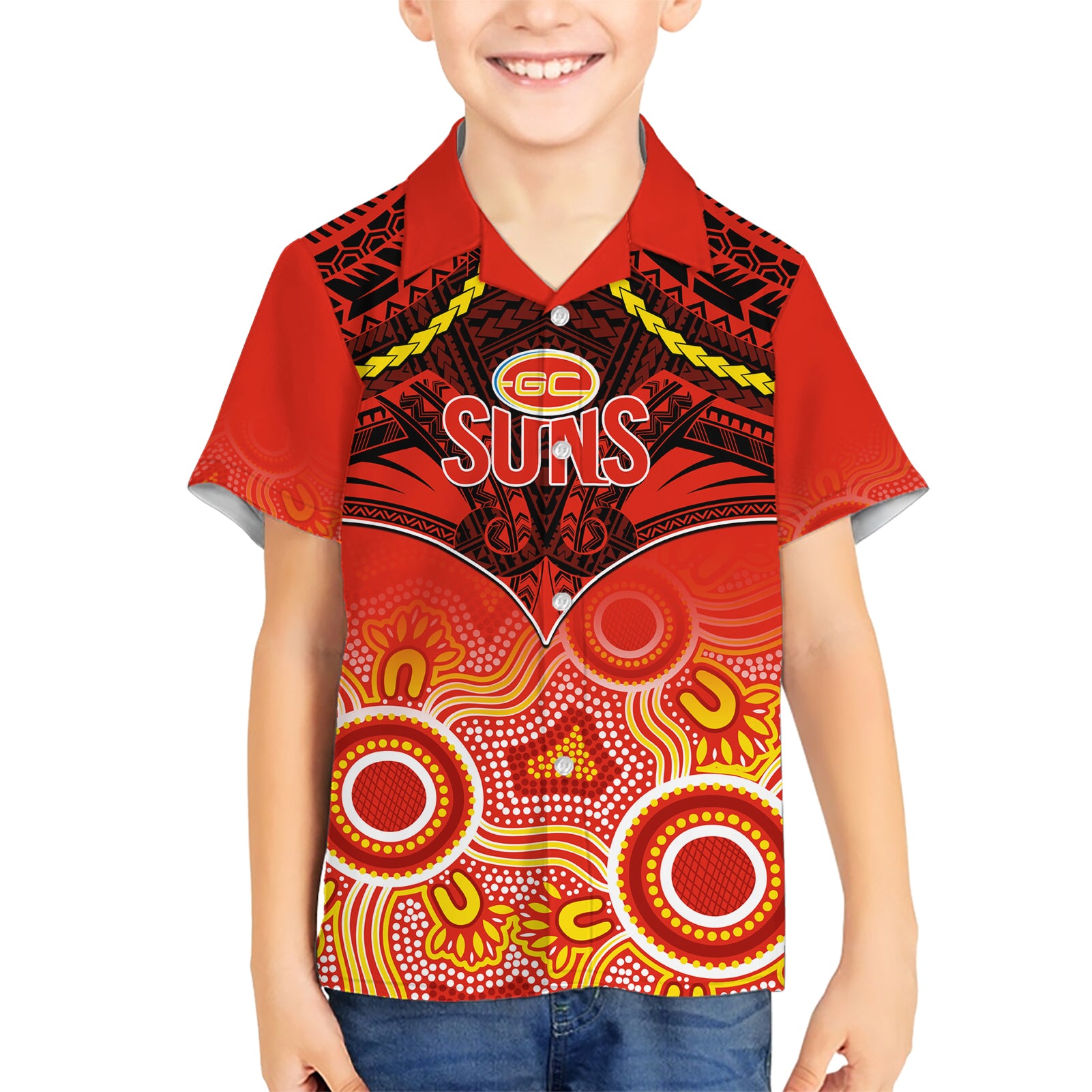 Gold Coast Football Hawaiian Shirt Suns Aboriginal Mix Polynesian Pattern - Vibe Hoodie Shop