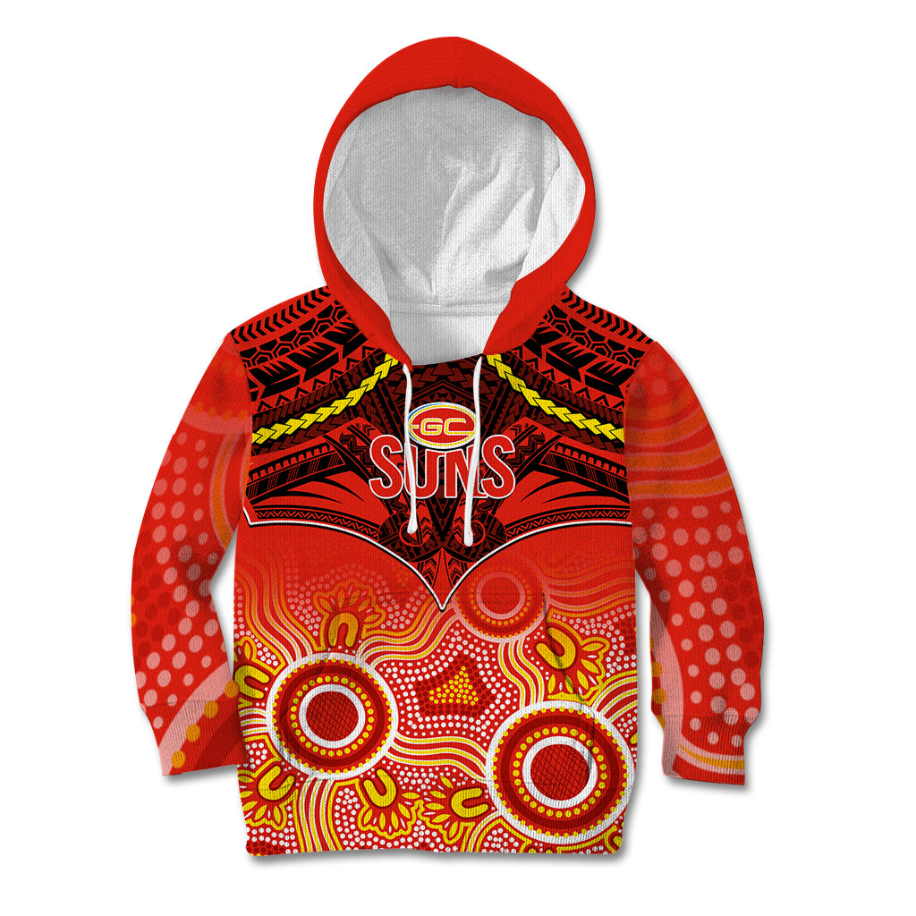 Gold Coast Football Kid Hoodie Suns Aboriginal Mix Polynesian Pattern - Vibe Hoodie Shop