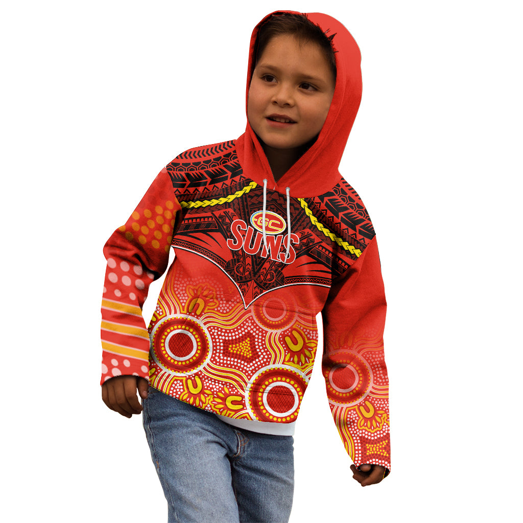 Gold Coast Football Kid Hoodie Suns Aboriginal Mix Polynesian Pattern - Vibe Hoodie Shop