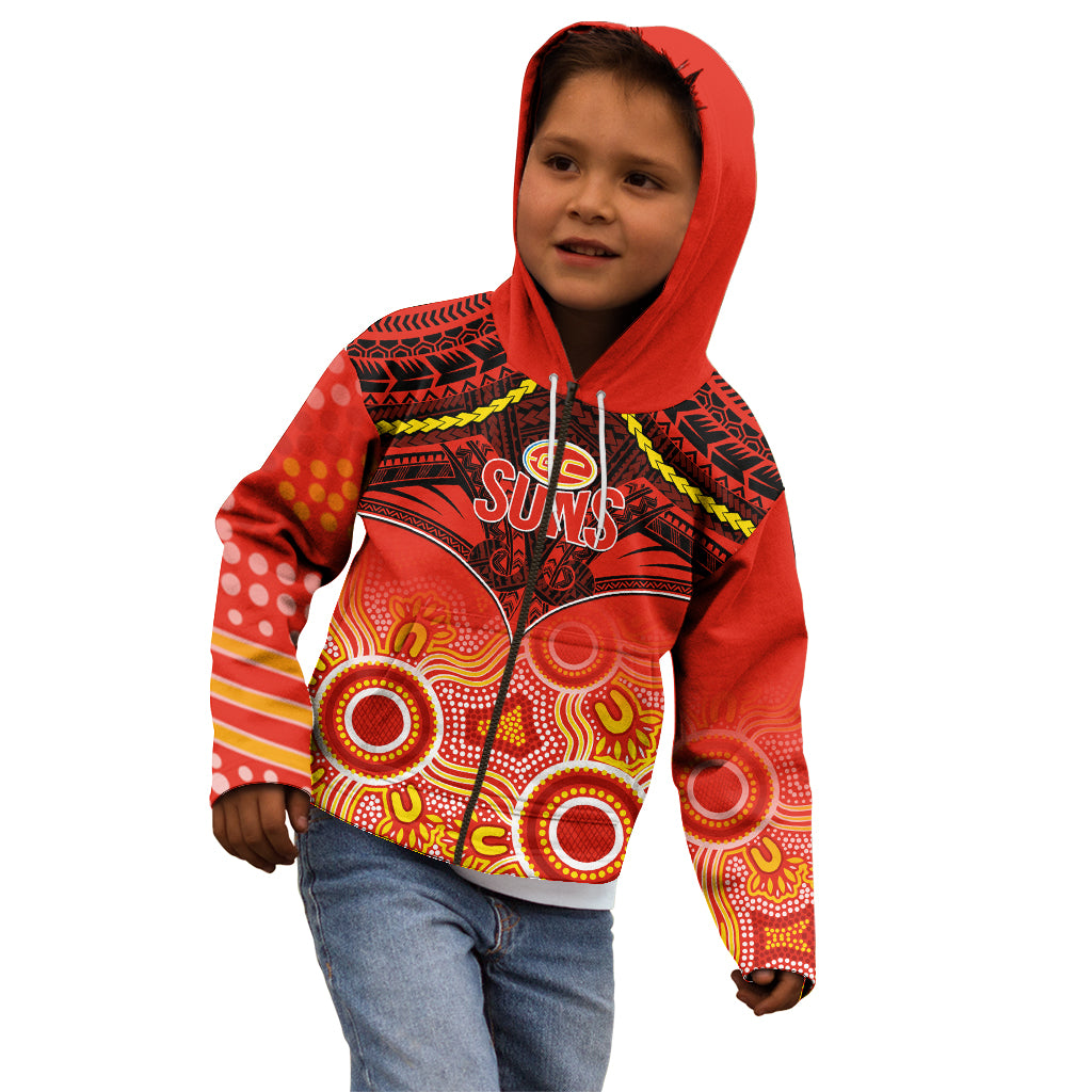 Gold Coast Football Kid Hoodie Suns Aboriginal Mix Polynesian Pattern - Vibe Hoodie Shop