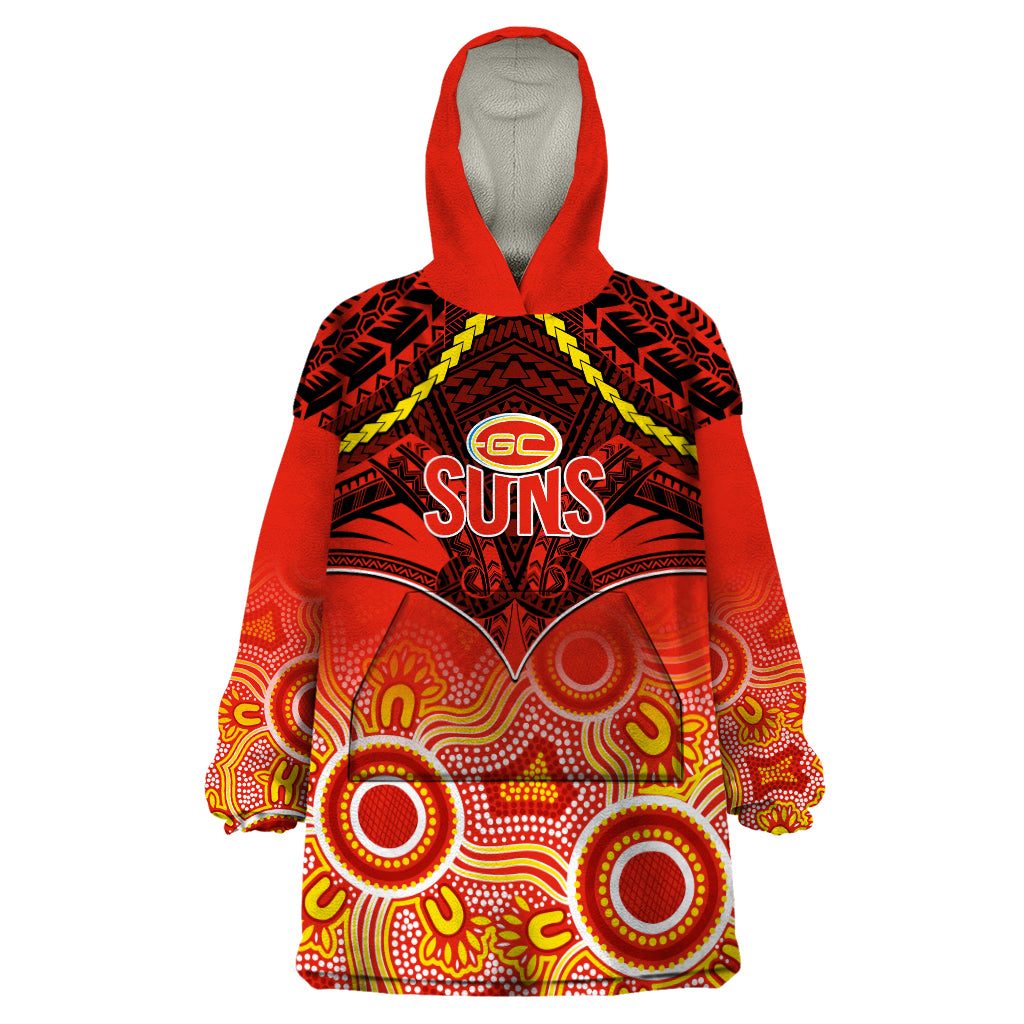 Gold Coast Football Wearable Blanket Hoodie Suns Aboriginal Mix Polynesian Pattern - Vibe Hoodie Shop