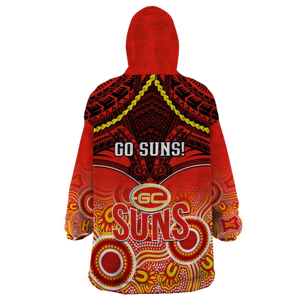 Gold Coast Football Wearable Blanket Hoodie Suns Aboriginal Mix Polynesian Pattern - Vibe Hoodie Shop