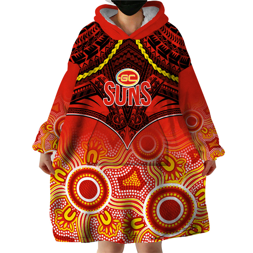 Gold Coast Football Wearable Blanket Hoodie Suns Aboriginal Mix Polynesian Pattern - Vibe Hoodie Shop