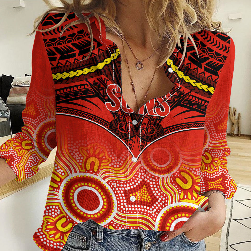 Gold Coast Football Women Casual Shirt Suns Aboriginal Mix Polynesian Pattern - Vibe Hoodie Shop