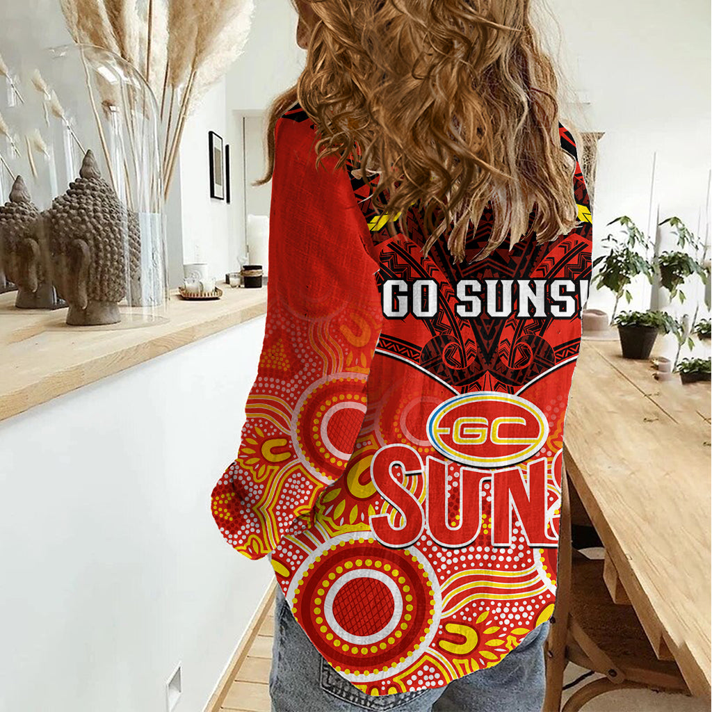 Gold Coast Football Women Casual Shirt Suns Aboriginal Mix Polynesian Pattern - Vibe Hoodie Shop