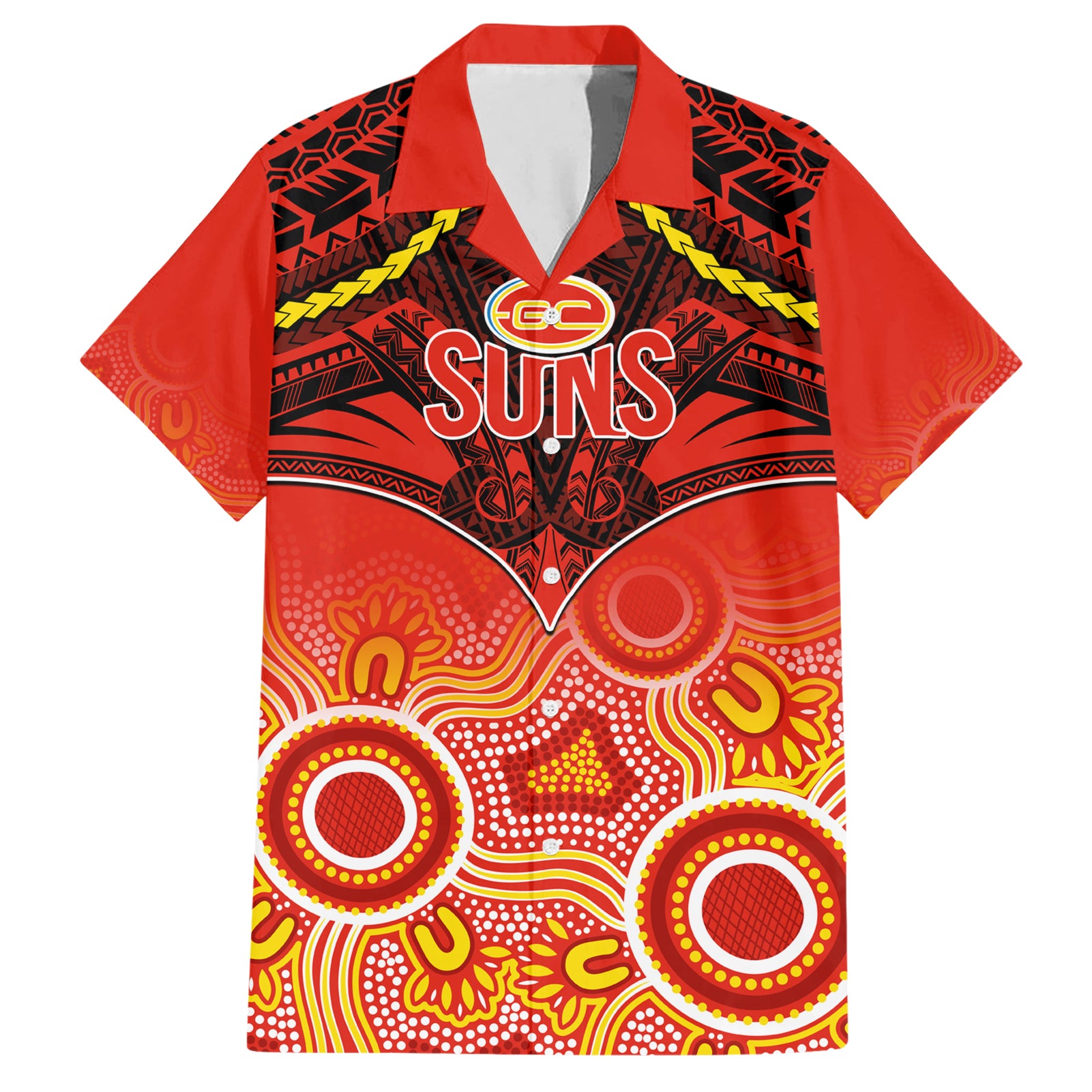 Personalised Gold Coast Football Hawaiian Shirt Suns Aboriginal Mix Polynesian Pattern - Vibe Hoodie Shop
