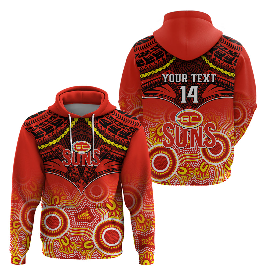 Personalised Gold Coast Football Hoodie Suns Aboriginal Mix Polynesian Pattern - Vibe Hoodie Shop