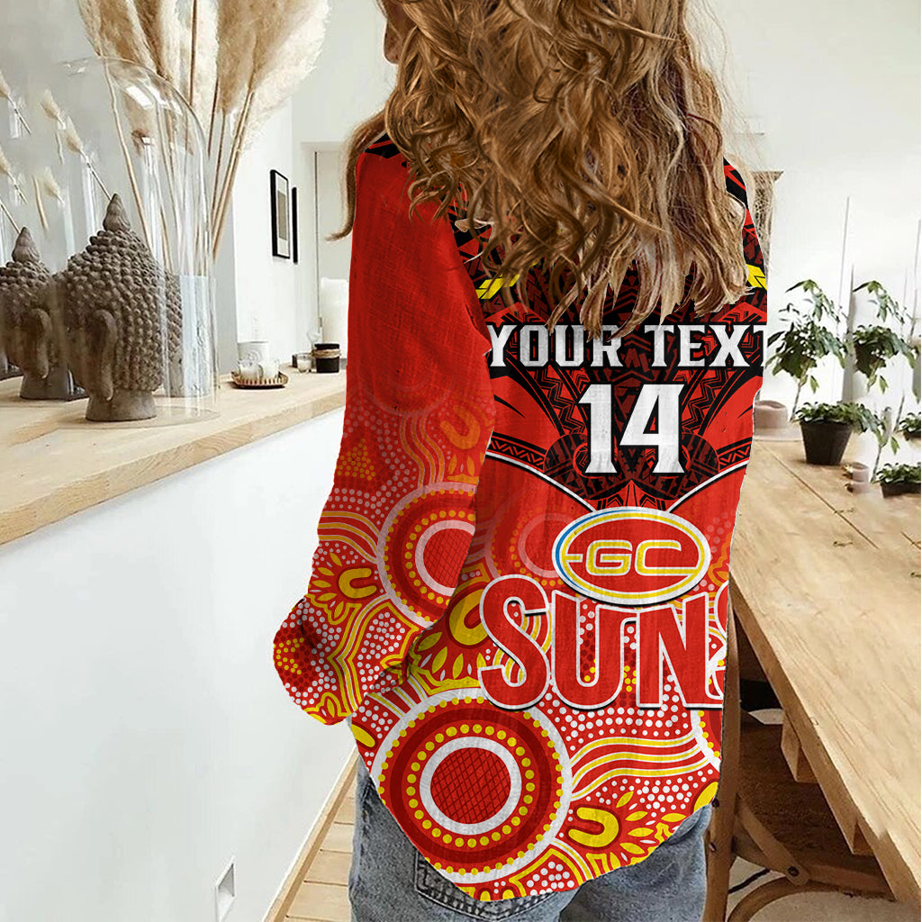 Personalised Gold Coast Football Women Casual Shirt Suns Aboriginal Mix Polynesian Pattern - Vibe Hoodie Shop