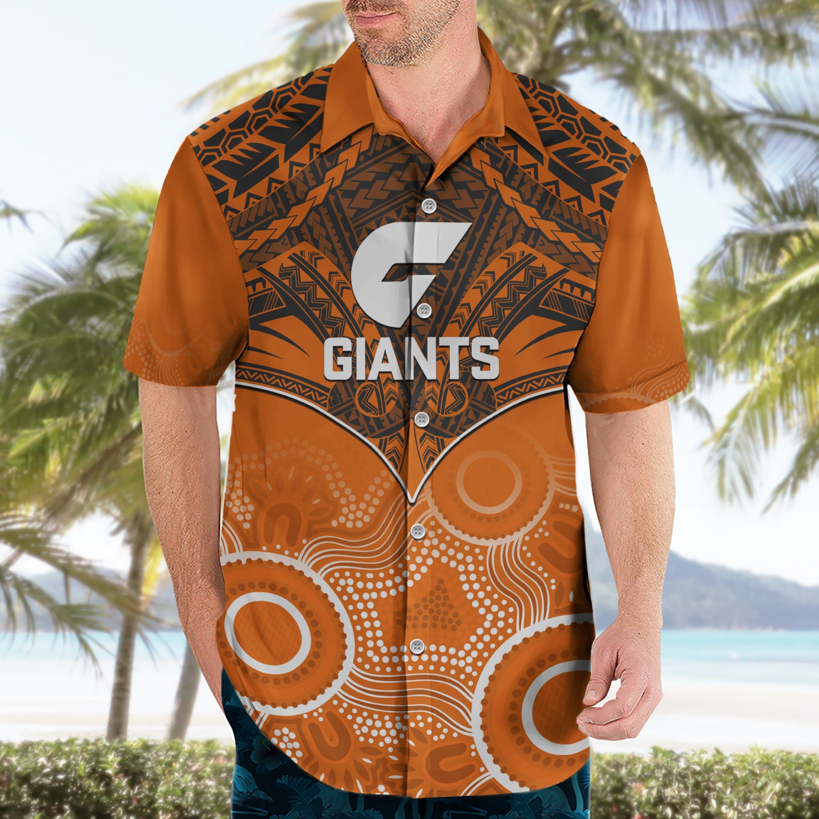 Personalised Giants Football Hawaiian Shirt GWS Aboriginal Mix Polynesian Pattern - Vibe Hoodie Shop