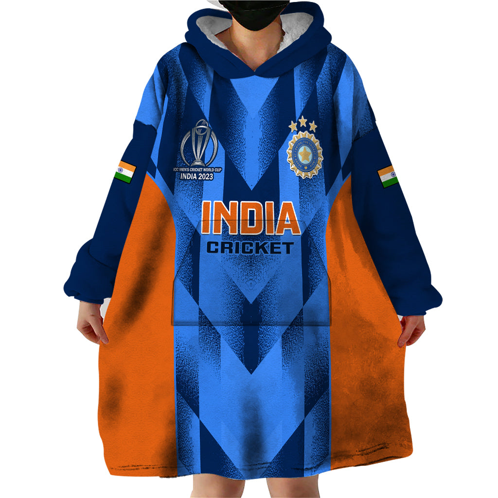 Personalised India Cricket Wearable Blanket Hoodie Men In Blue 2023 Go Champions World Cup - Vibe Hoodie Shop