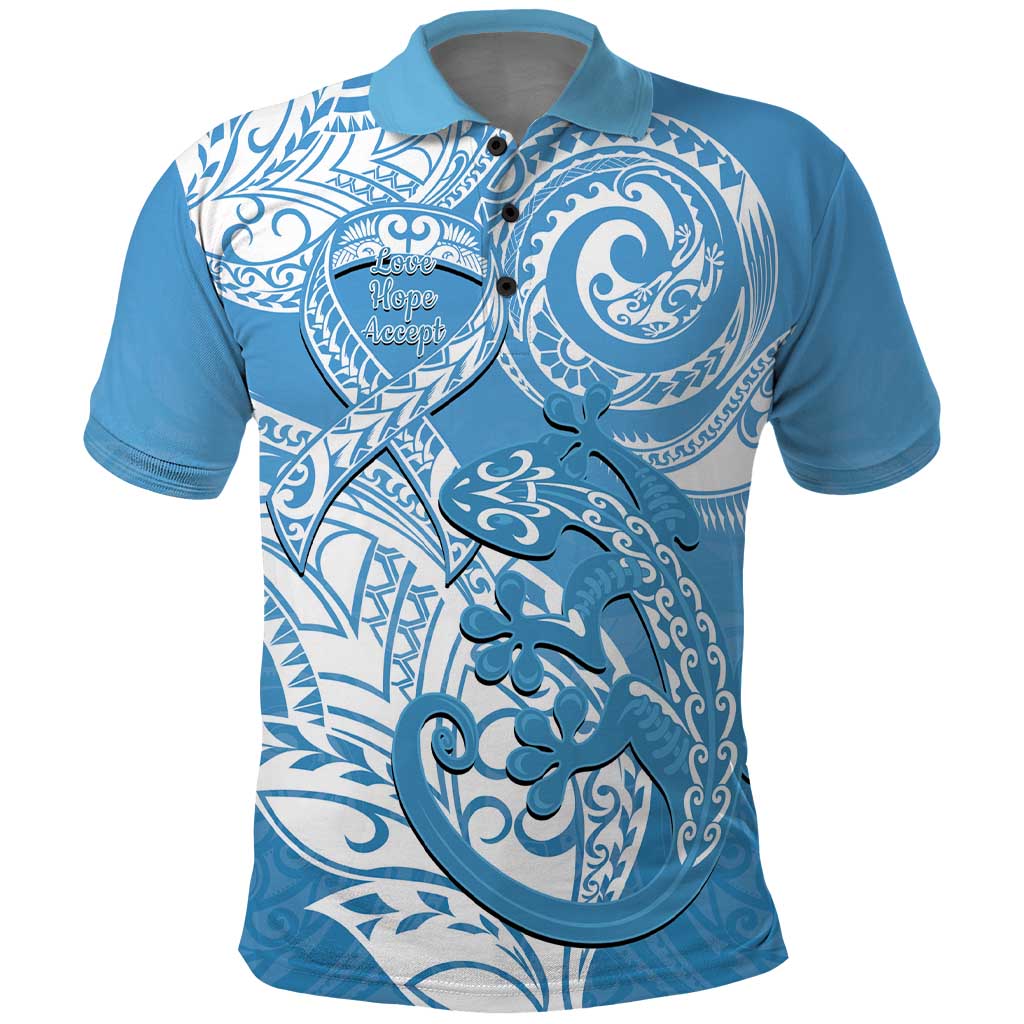Personalised New Zealand Autism Awareness Polo Shirt NZ Fern With Maori Koru Lizard - Vibe Hoodie Shop