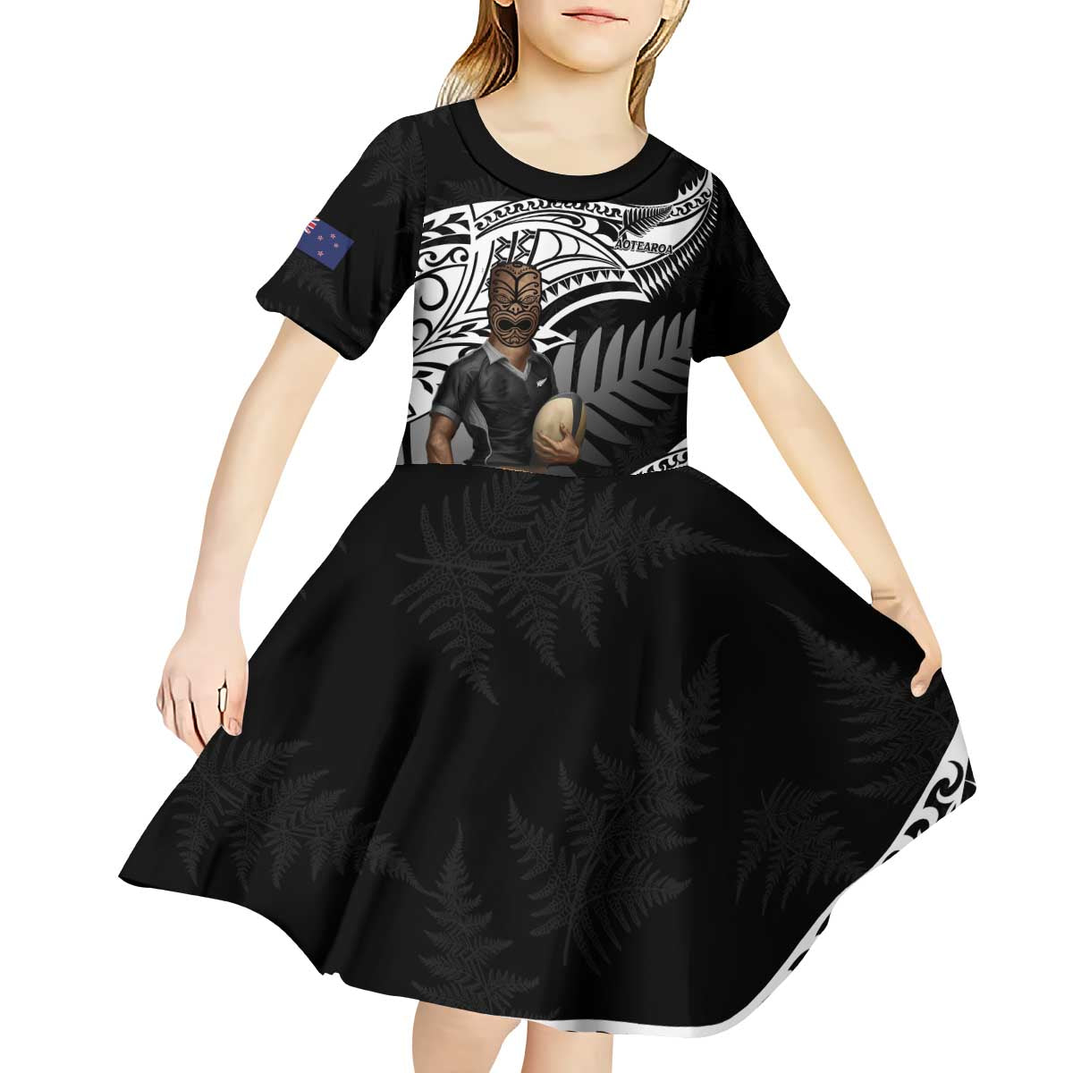 Custom New Zealand Silver Fern Rugby Kid Short Sleeve Dress 2024 Aotearoa Maori Mascot Go All Black - Vibe Hoodie Shop