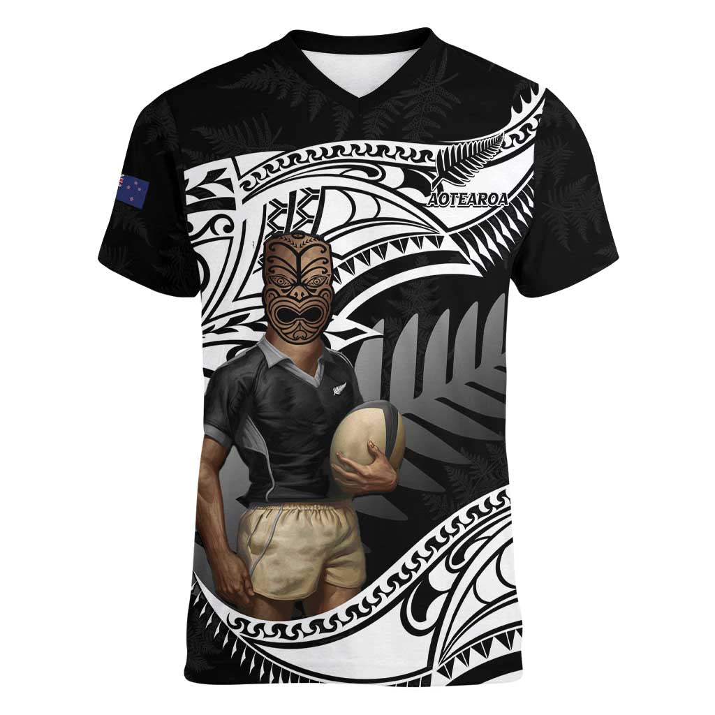 Custom New Zealand Silver Fern Rugby Women V-Neck T-Shirt 2024 Aotearoa Maori Mascot Go All Black - Vibe Hoodie Shop