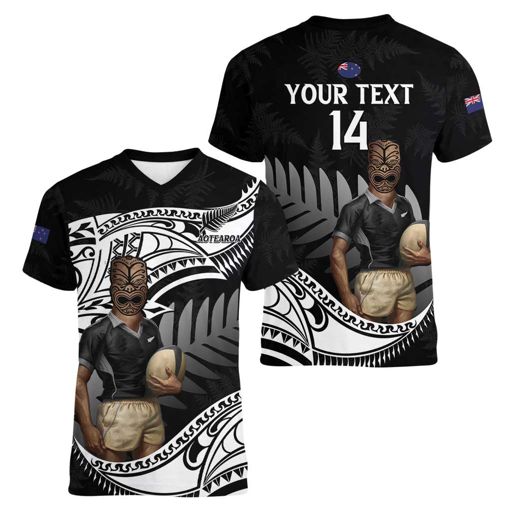 Custom New Zealand Silver Fern Rugby Women V-Neck T-Shirt 2024 Aotearoa Maori Mascot Go All Black - Vibe Hoodie Shop