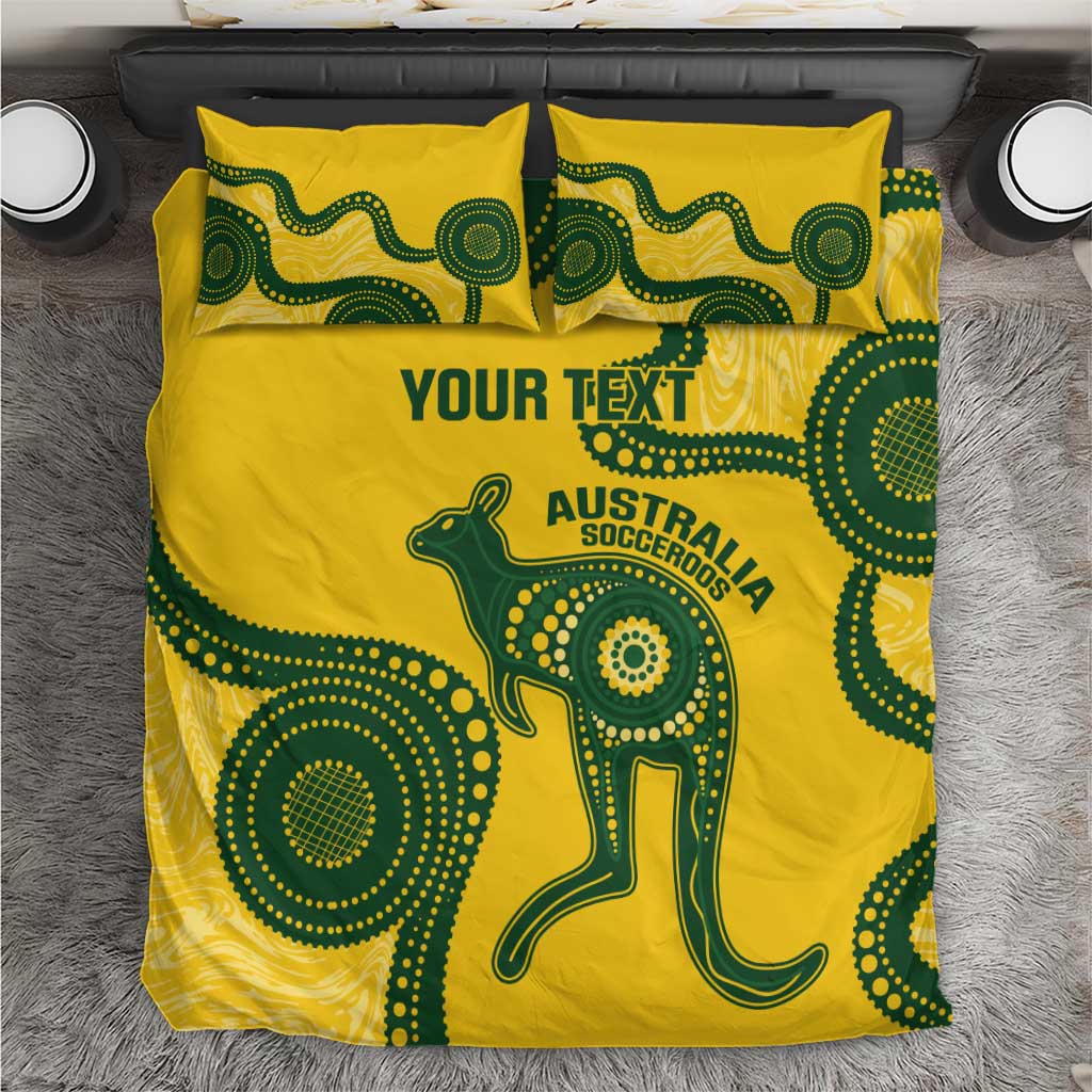 Custom Australia Soccer Bedding Set Go Socceroos Kangaroo With Indigenous Art - Vibe Hoodie Shop