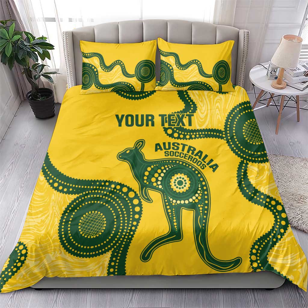 Custom Australia Soccer Bedding Set Go Socceroos Kangaroo With Indigenous Art - Vibe Hoodie Shop
