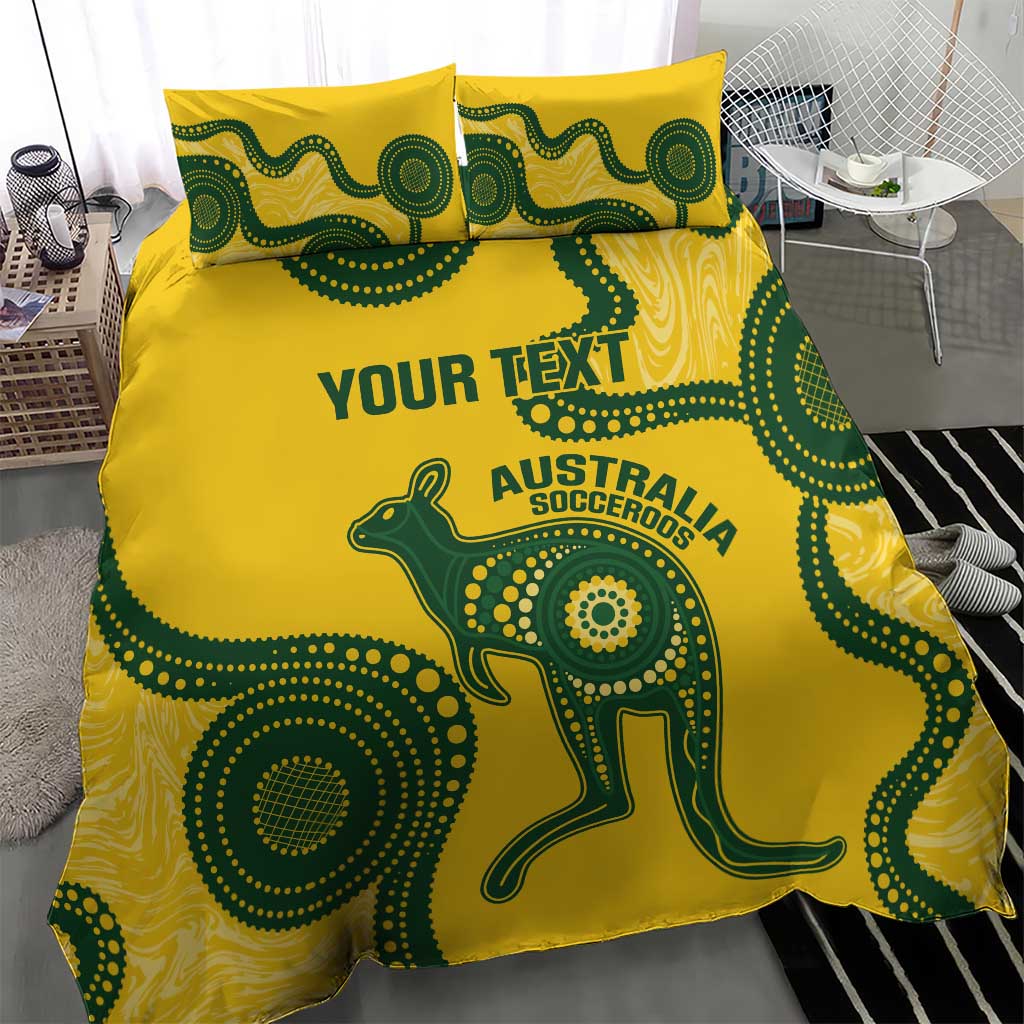Custom Australia Soccer Bedding Set Go Socceroos Kangaroo With Indigenous Art - Vibe Hoodie Shop