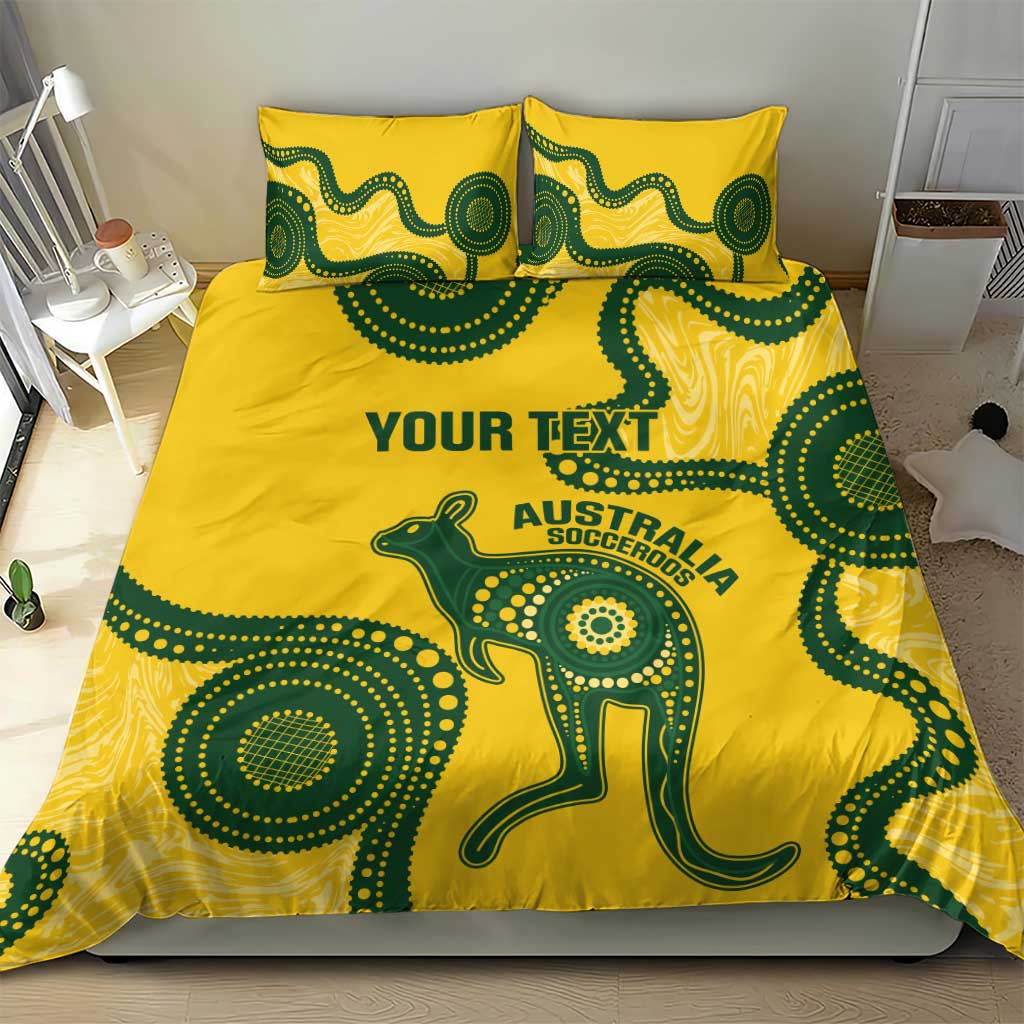 Custom Australia Soccer Bedding Set Go Socceroos Kangaroo With Indigenous Art - Vibe Hoodie Shop