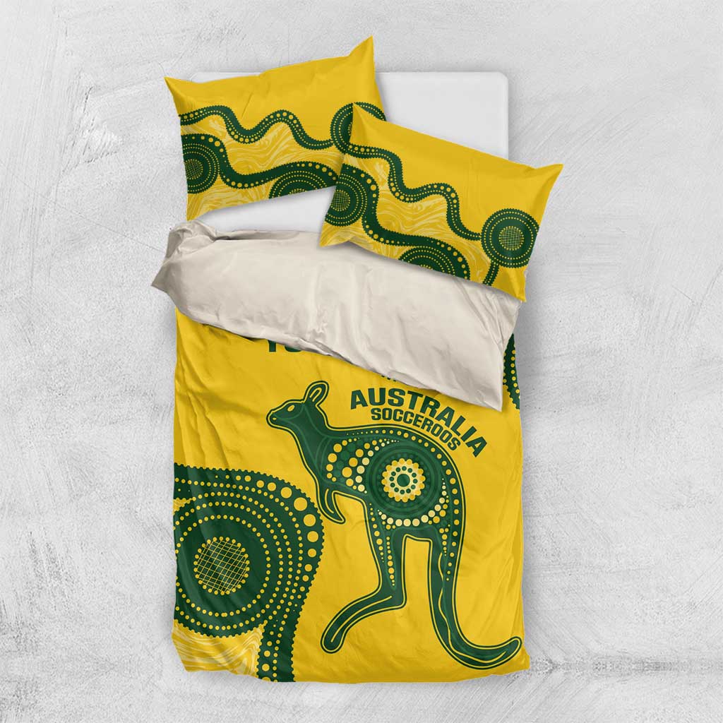 Custom Australia Soccer Bedding Set Go Socceroos Kangaroo With Indigenous Art - Vibe Hoodie Shop