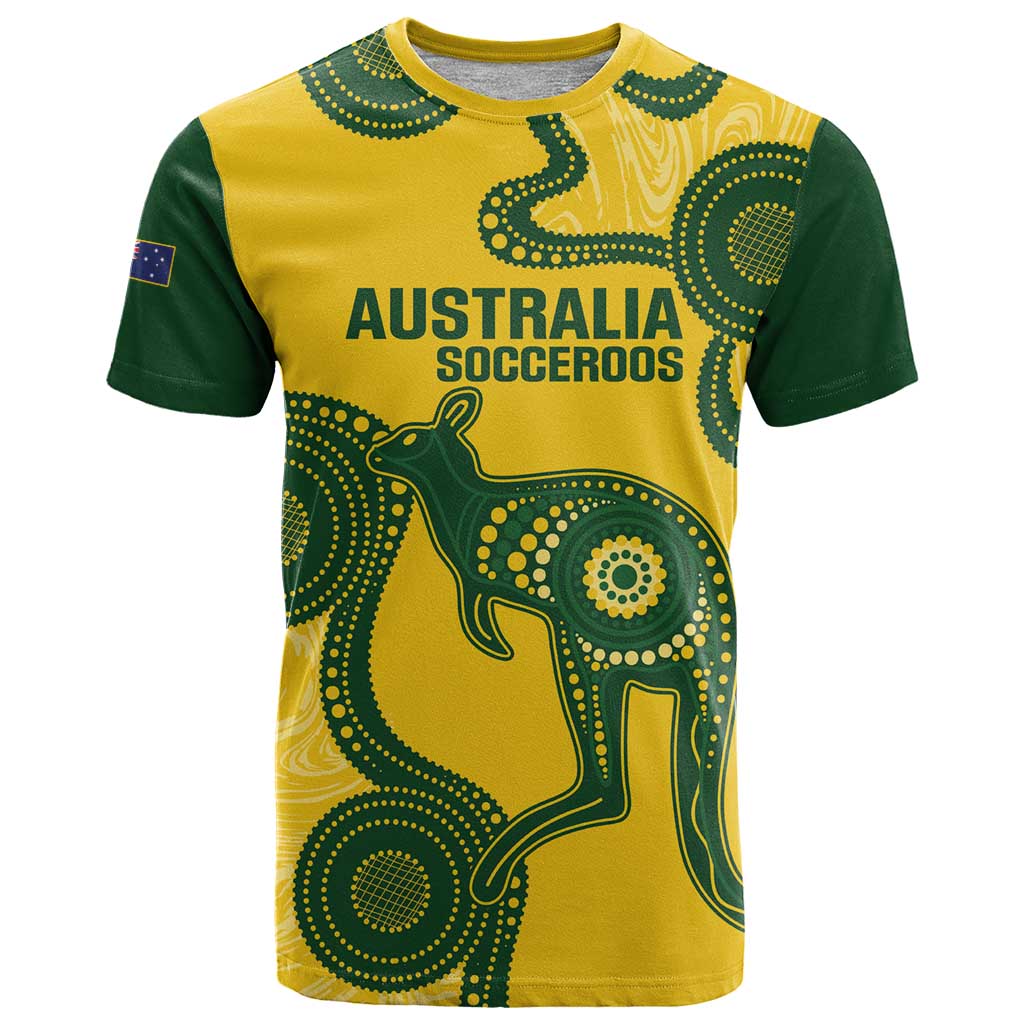 Custom Australia Soccer T Shirt Go Socceroos Kangaroo With Indigenous Art - Vibe Hoodie Shop